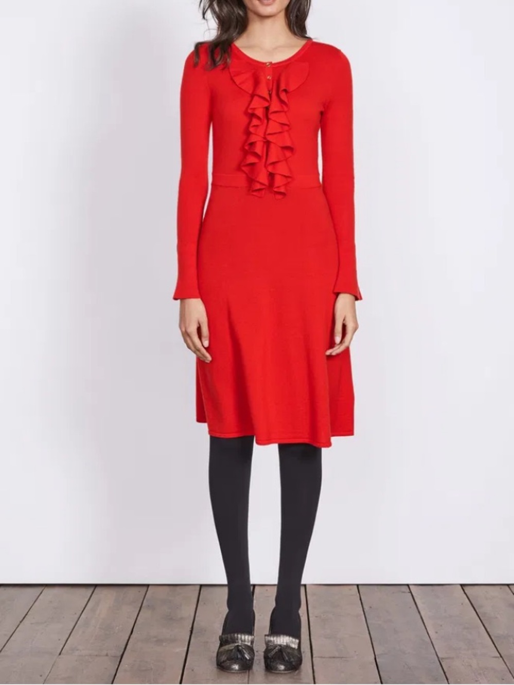 Boden Red Ruffle-Front Merino Wool Noelle Dress Size 6 NWT